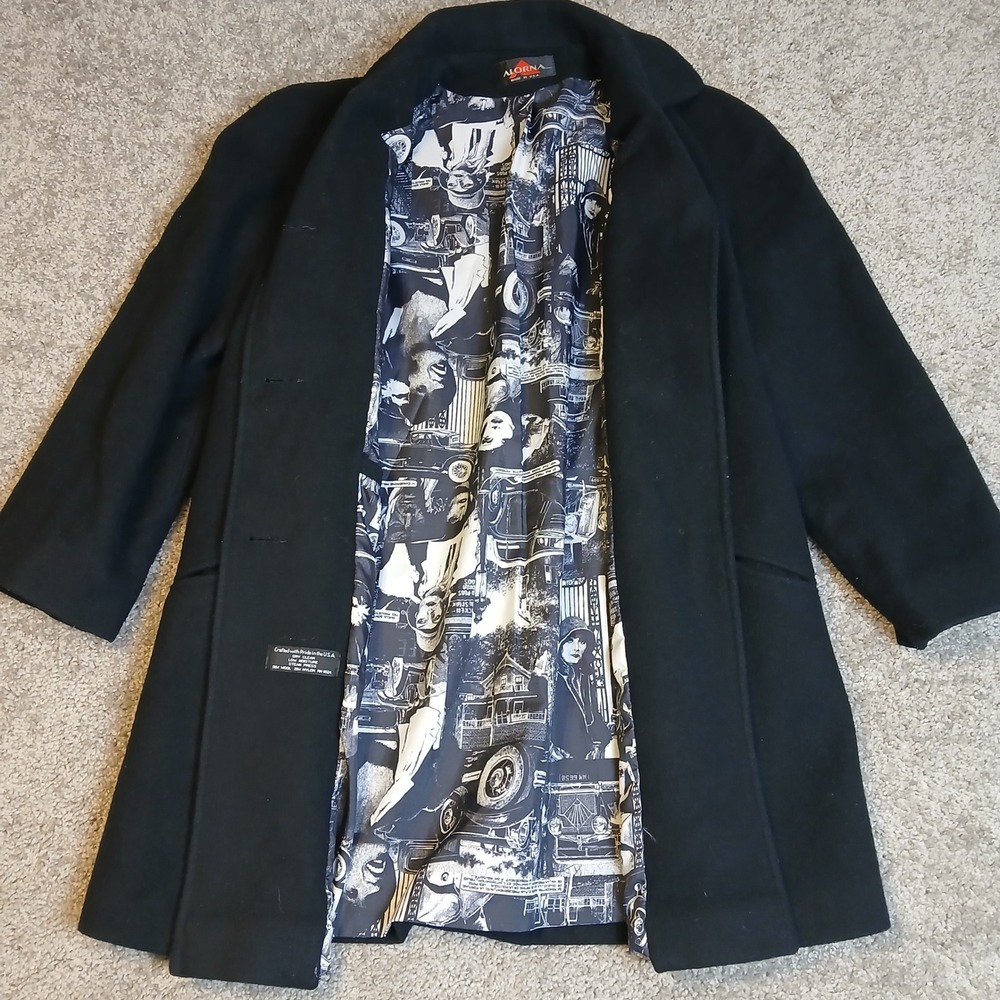 Alorna Black Wool Blend Car Coat Vintage Graphic Lining Made in USA Womens L - Picture 4 of 10